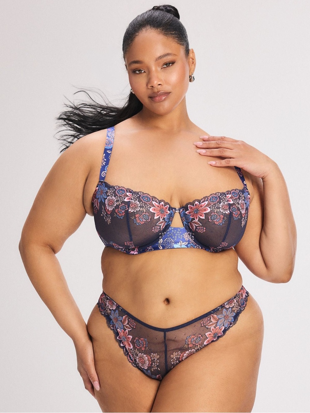 Savage x Fenty Mod Poppy Lace Brazilian Panty and Unlined Lace Balconette Bra